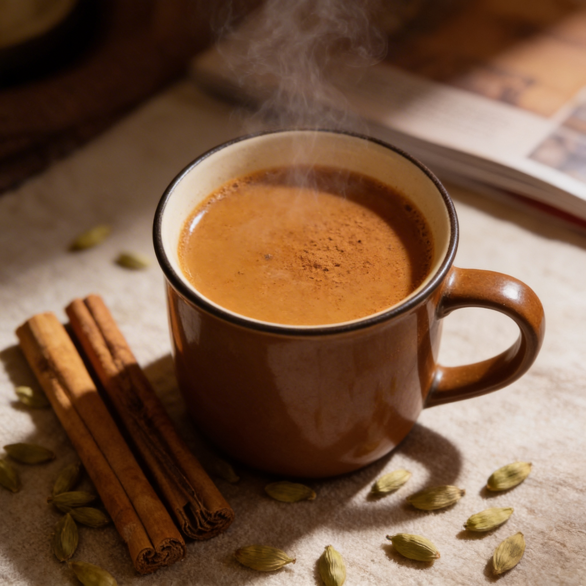 Cinnamon tea with warm kitchen light